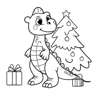 Niedlicher Dinosaurier Schmuckt Einen Weihnachtsbaum Ausmalbild 74215-17571