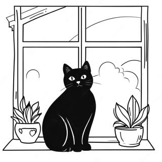 Majestatische Schwarze Katze Die Auf Einer Fensterbank Sitzt Ausmalbild 99216-37887